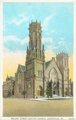 Old postcard of Walnut Street Baptist Church's campus from outside, featuring the prominent bell tower.
