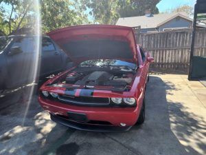 Red mustang with hood up parked outside | Tedious Auto Repair