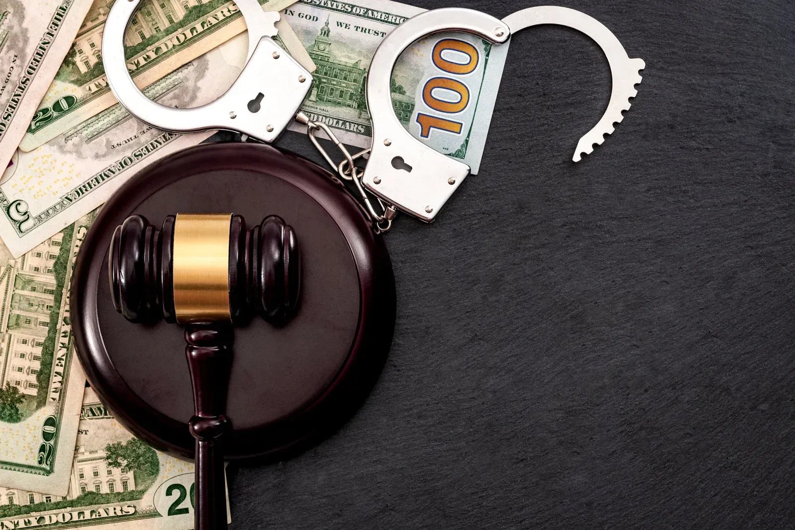A judge 's gavel is sitting on top of a pile of money and handcuffs.