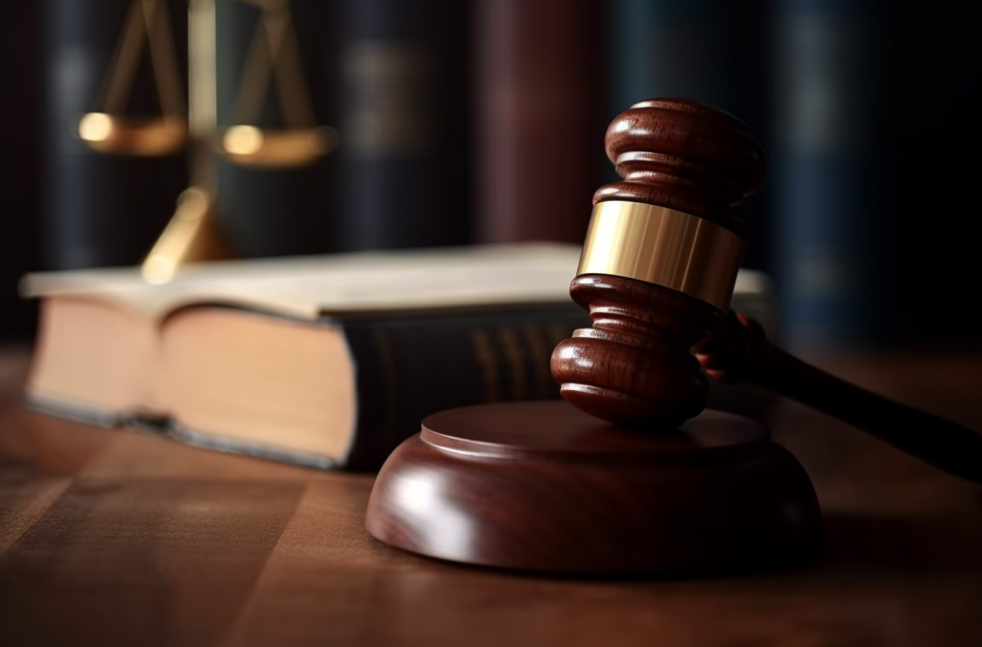 A judge 's gavel is sitting on a wooden table next to a book and scales of justice.