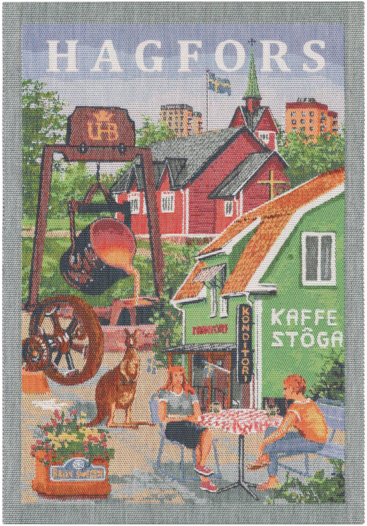 En vävd handuk med illustrerat gatumotiv från Hagfors