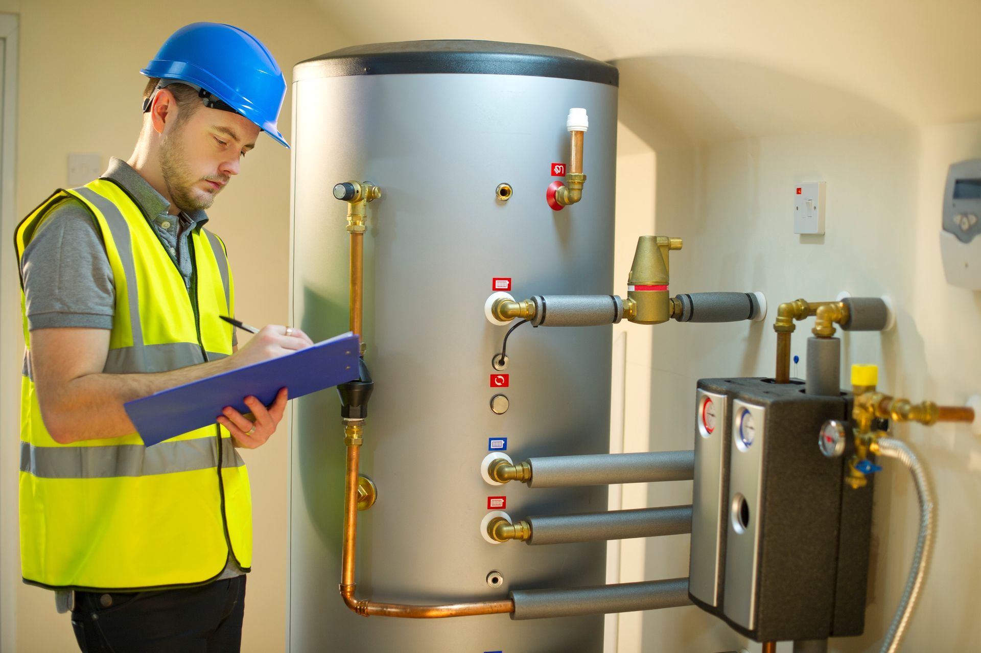 A man in safety gear inspects a large boiler, noting details on a clipboard near pipes and gauges