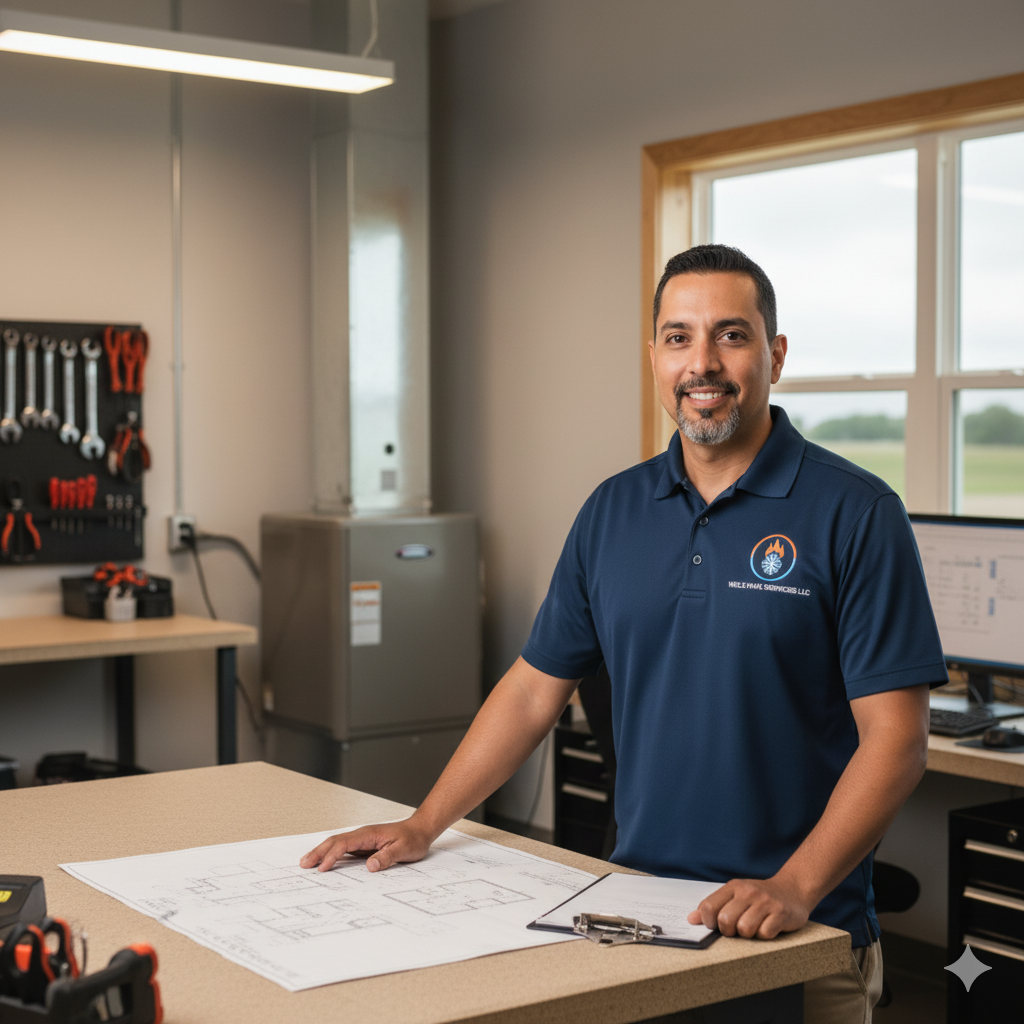 Man in blue shirt smiles, leaning on a table with blueprints in an office, furnace visible behind him.