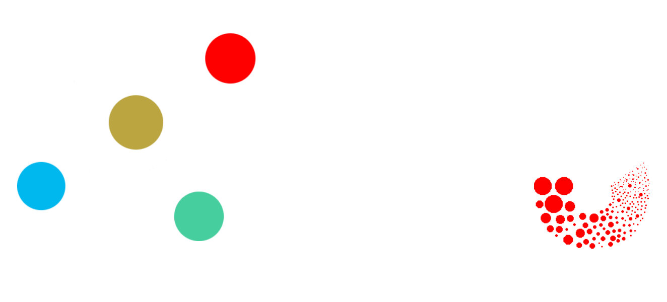 Un groupe de cercles colorés sur fond blanc avec un cercle rouge au milieu.