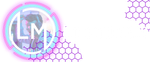 Logo with white "LM" in circle, neon pink and cyan glow, honeycomb pattern on white.