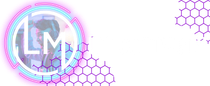 Logo with white "LM" in circle, neon pink and cyan glow, honeycomb pattern on white.