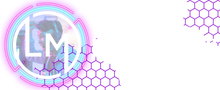 Logo with white "LM" in circle, neon pink and cyan glow, honeycomb pattern on white.