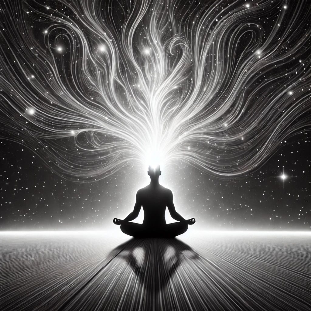 A man is sitting in a lotus position with a light coming out of his head.