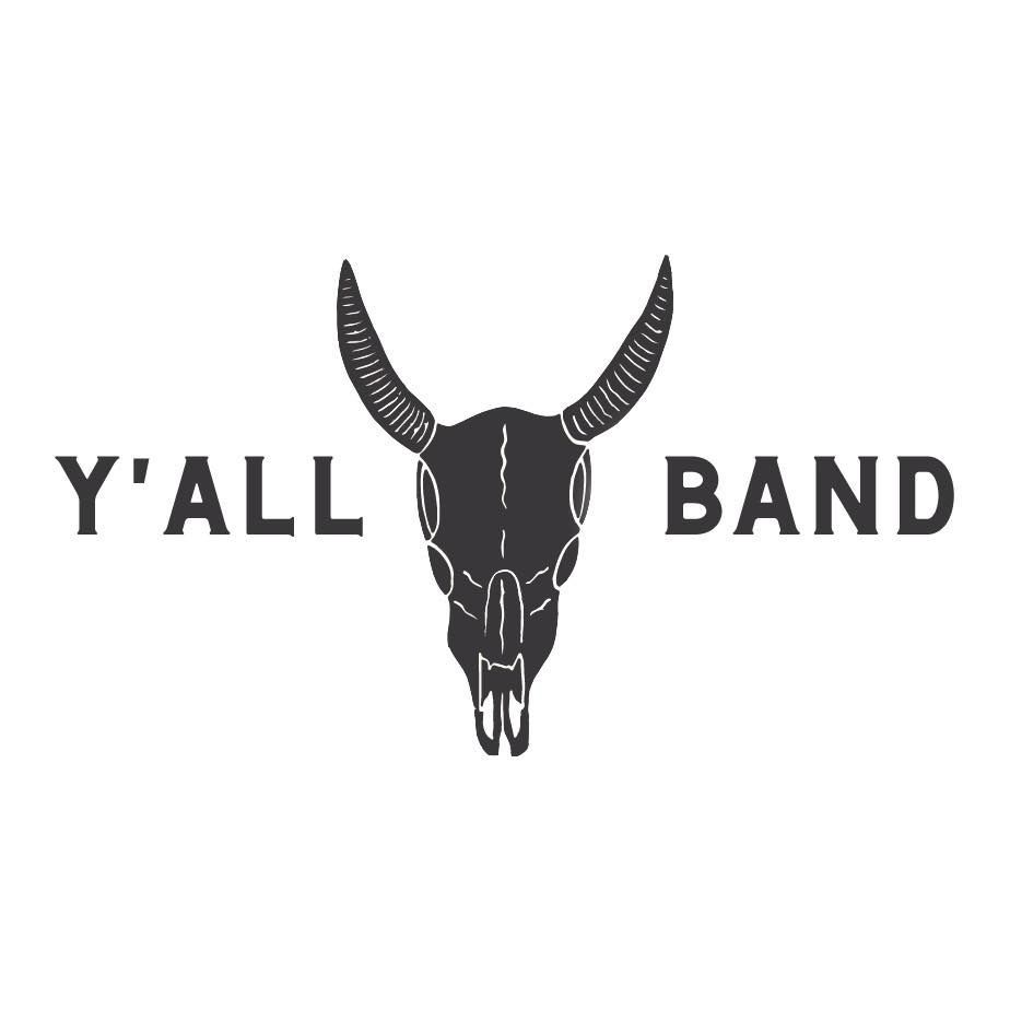 A black and white logo of a bull skull with horns for Y'all band.