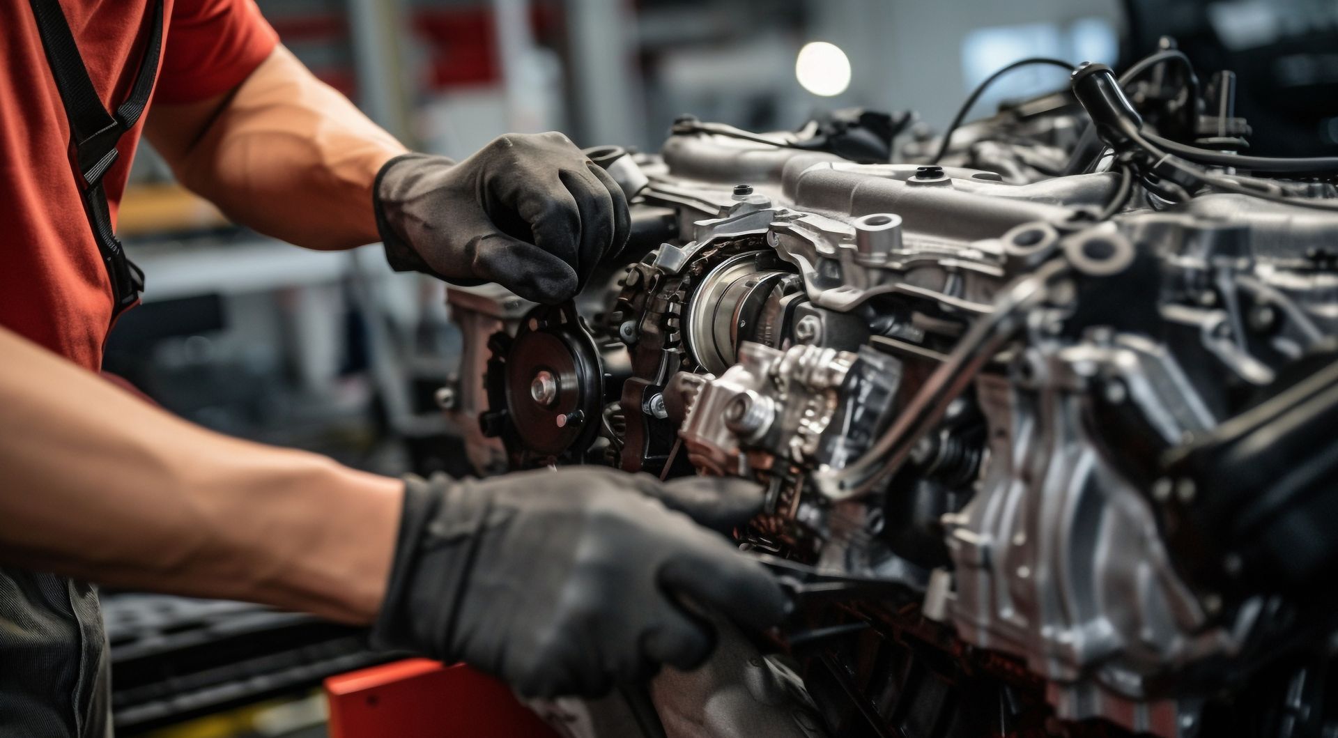 A man is working on a car engine in a garage.