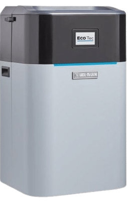 A light gray and black EcoTec brand water softener unit with a digital display screen on a plain white background.