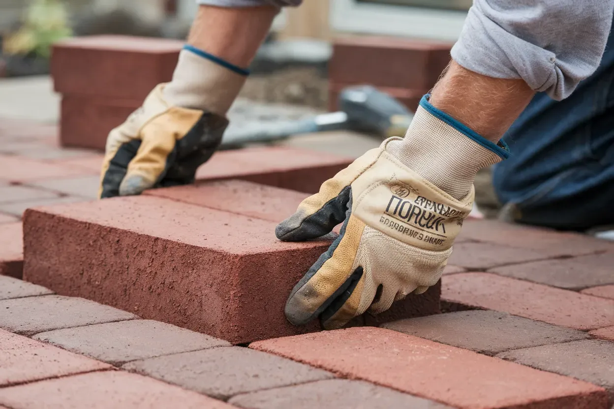 A man wearing gloves is laying bricks on a sidewalk.