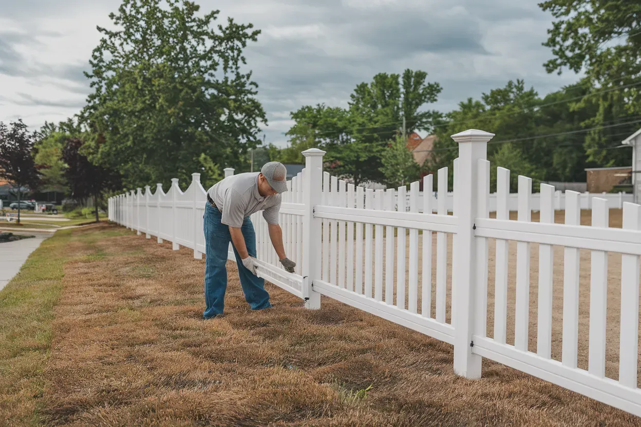 A man is standing next to a white picket fence.