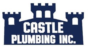 Blue logo of a castle with "CASTLE PLUMBING INC." in white text below.