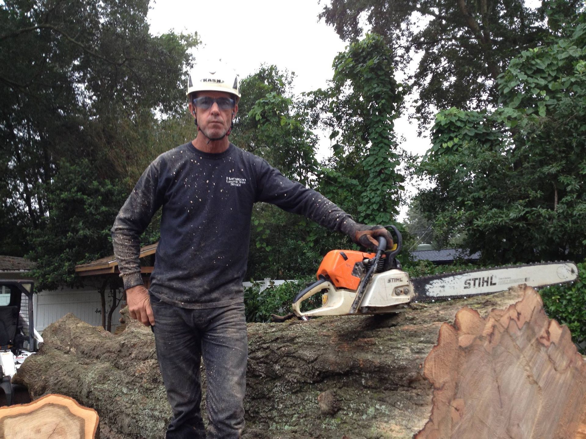 A man is standing next to a stihl chainsaw.