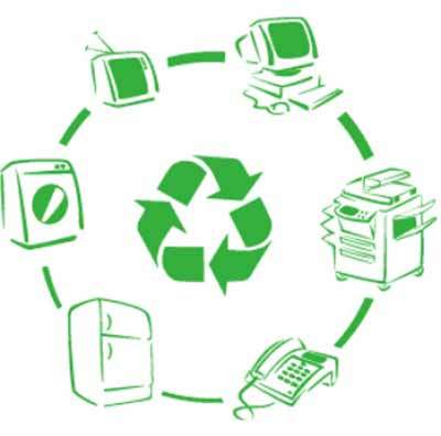 un'immagine circolare con icone di computer, televisioni e stampanti