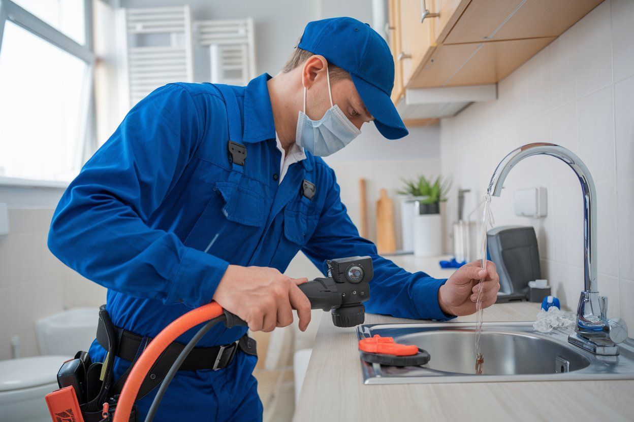 A plumber wearing a mask is fixing a sink in a kitchen.