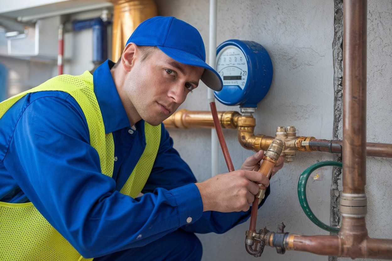 A man in a blue shirt and yellow vest is working on a water meter.