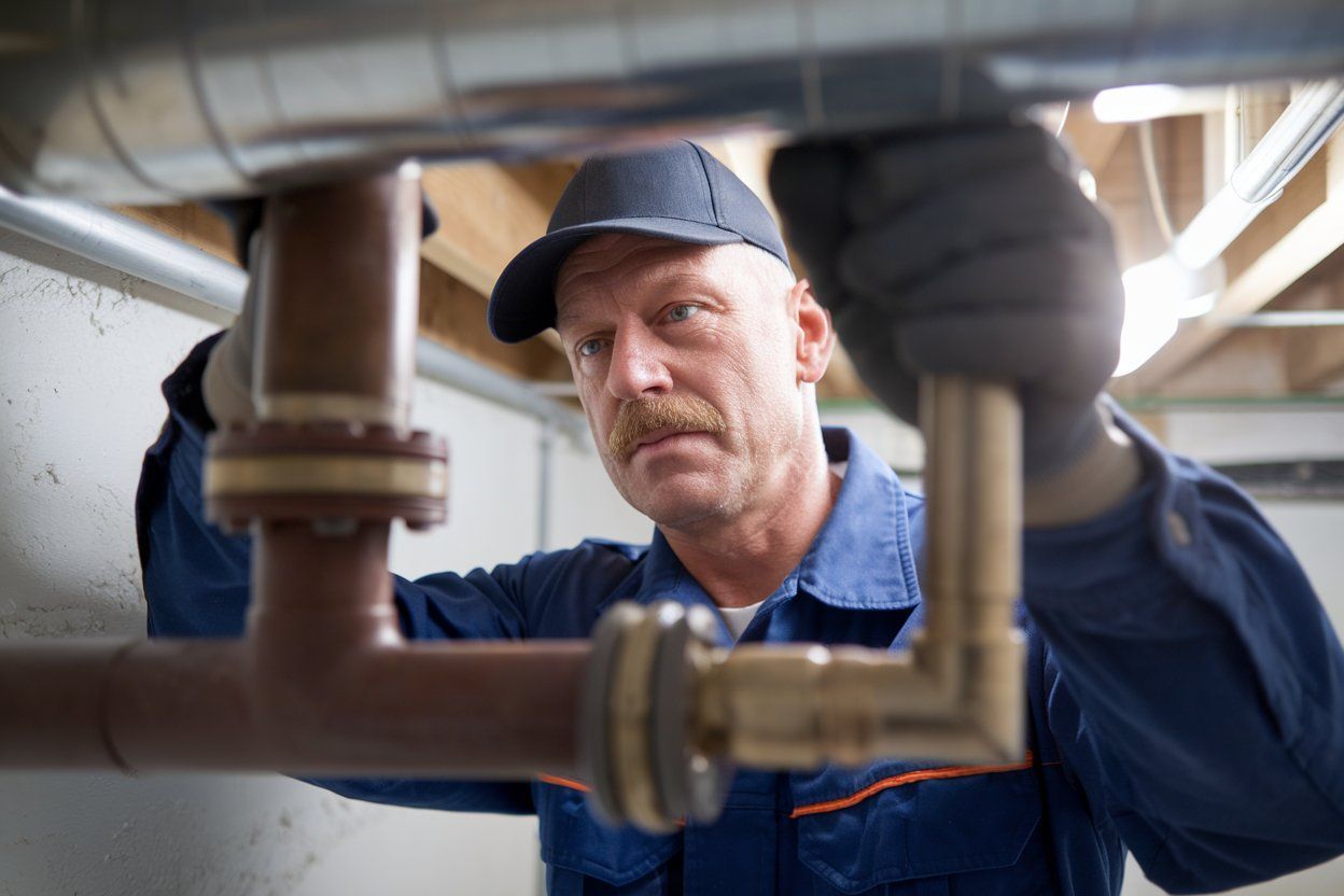 A plumber is fixing a pipe under a sink in a basement.