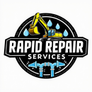 Logo for Rapid Repair Services, featuring a yellow excavator and blue water drops and pipes.