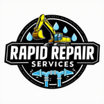 Logo for Rapid Repair Services, featuring a yellow excavator and blue water drops and pipes.