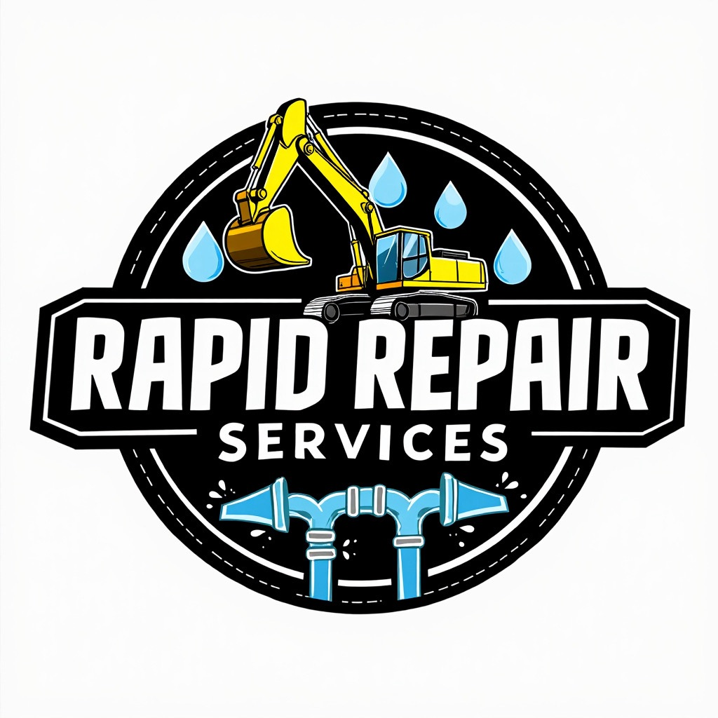 Logo for Rapid Repair Services, featuring a yellow excavator and blue water drops and pipes.