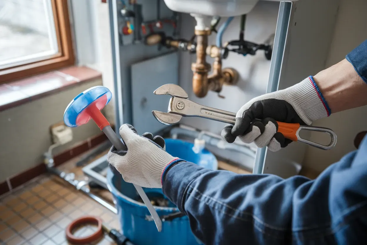 Plumber holding a plunger and wrench, working on pipes near a sink in a bathroom.