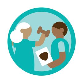 An older woman in teal assisting a person with exercise, with a heart symbol on a paper.