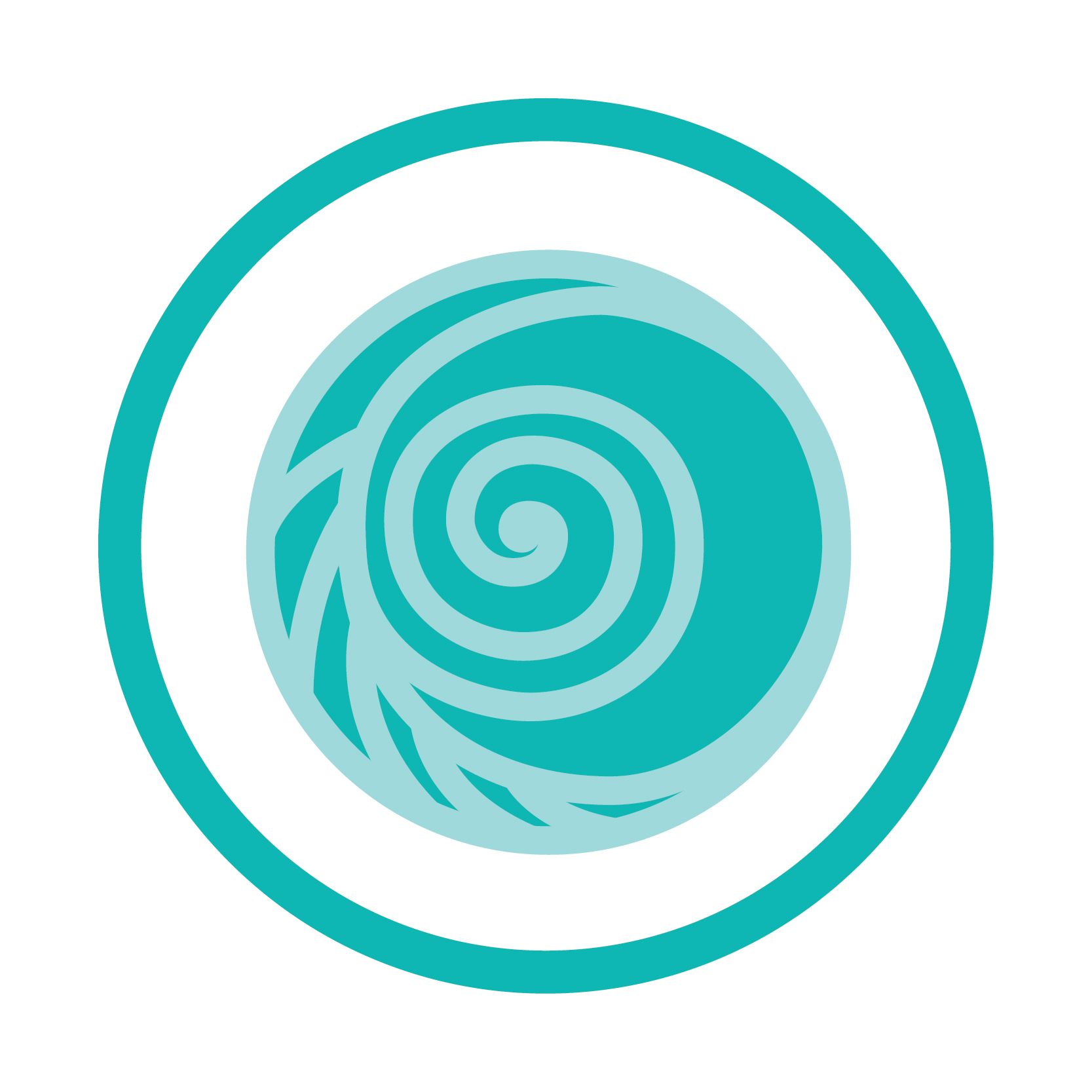 Teal circular logo: swirl design inside a circle, all within another teal circle.