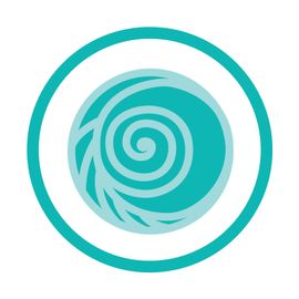 Teal circular logo: swirl design inside a circle, all within another teal circle.