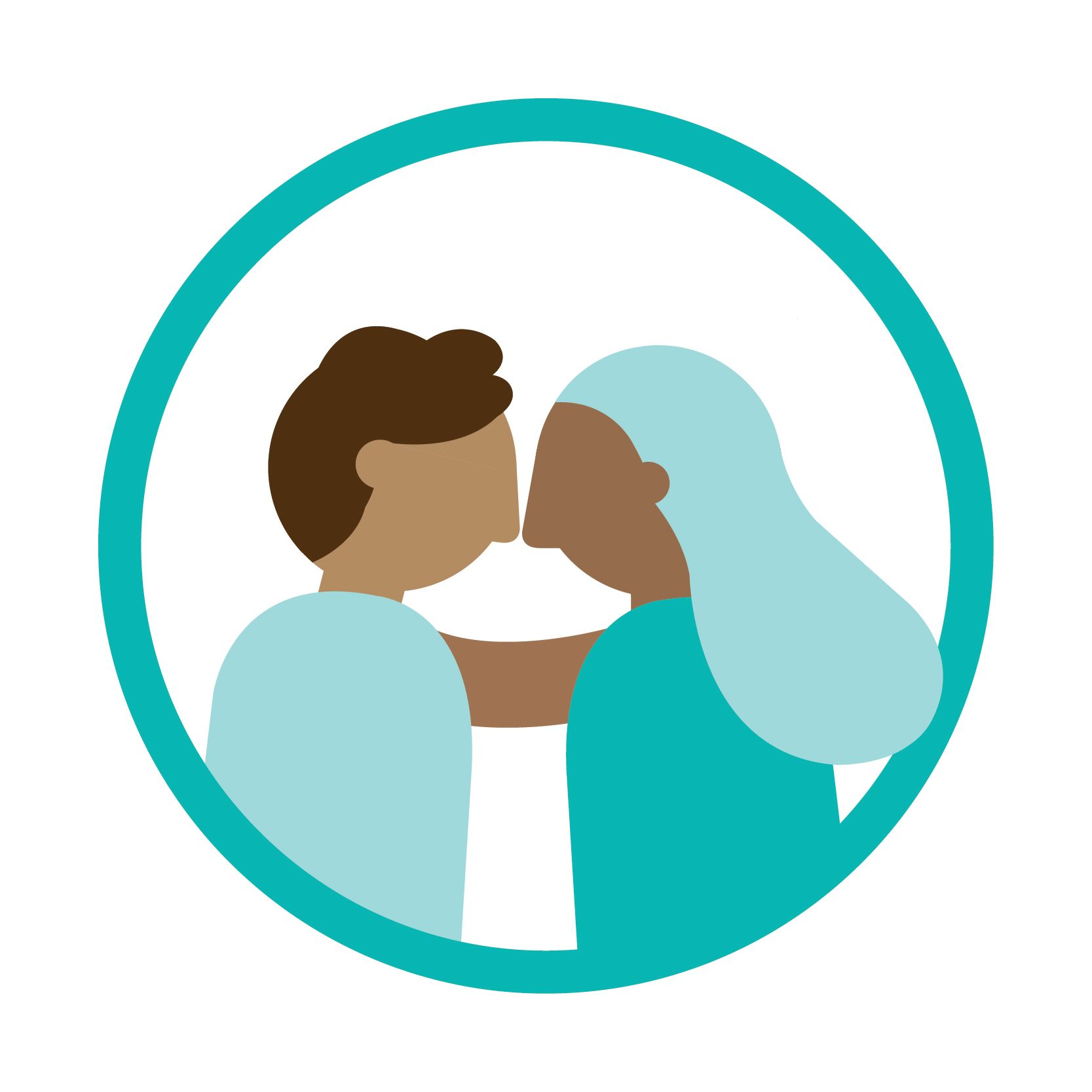 Two people kissing inside a teal circle. Man with brown hair and woman with light blue hair.