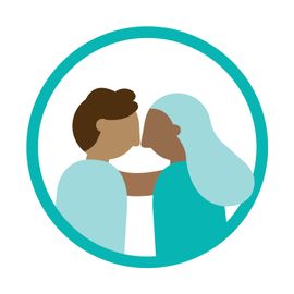 Two people kissing inside a teal circle. Man with brown hair and woman with light blue hair.