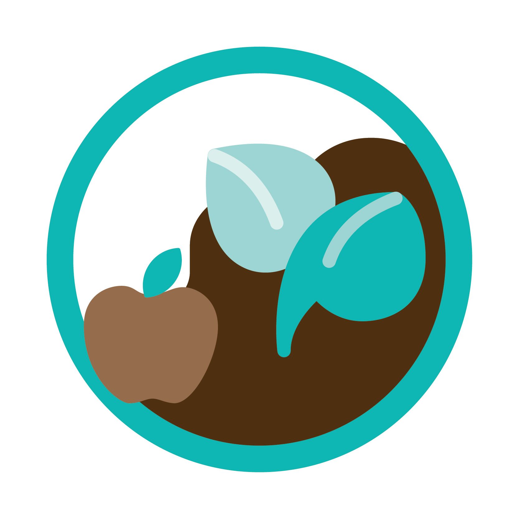 A brown apple and teal leaves with a brown shape, all inside a teal circle.