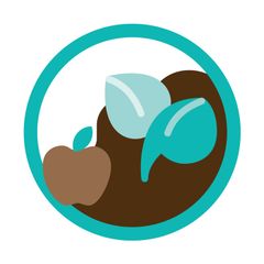 A brown apple and teal leaves with a brown shape, all inside a teal circle.