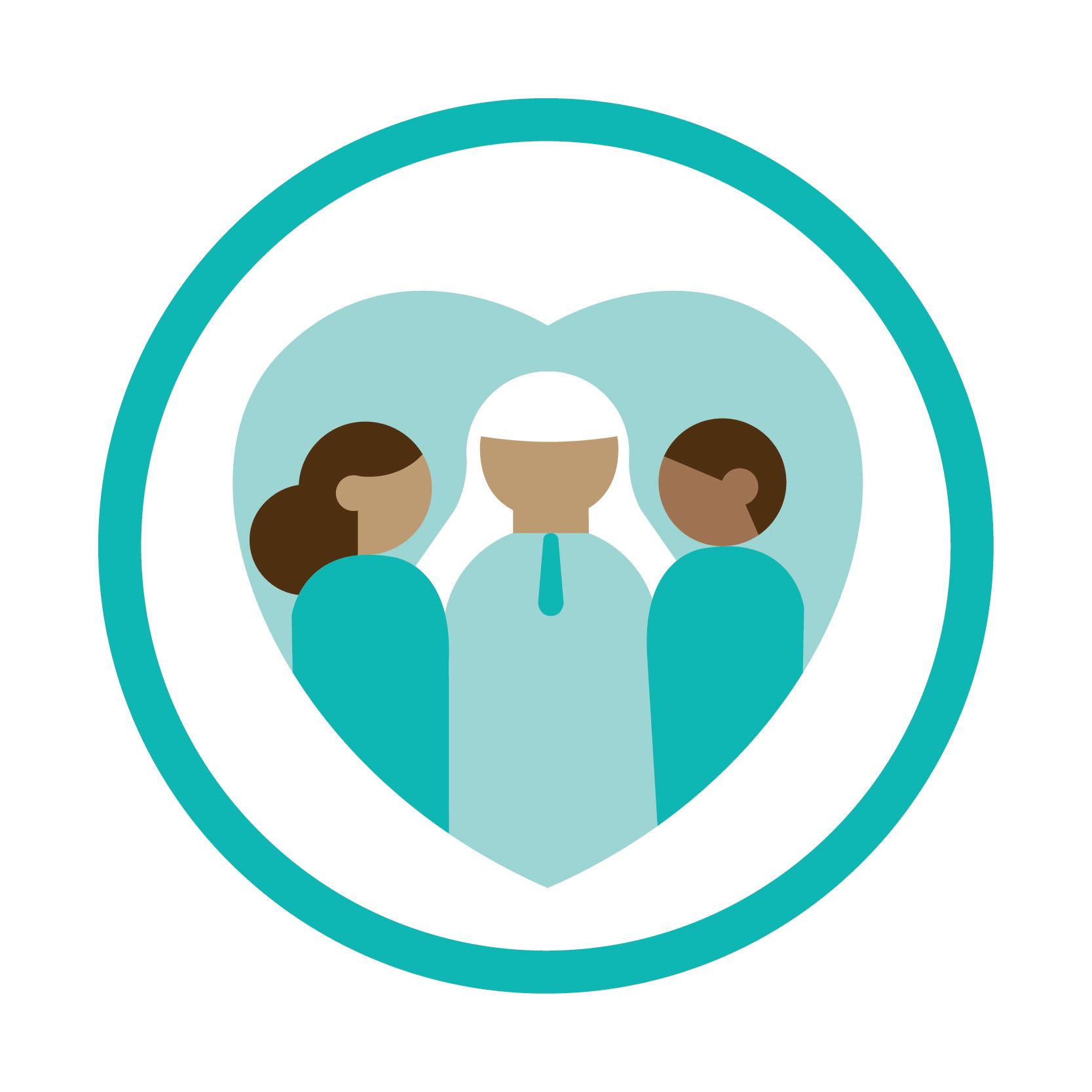 Circle with heart and three diverse people.