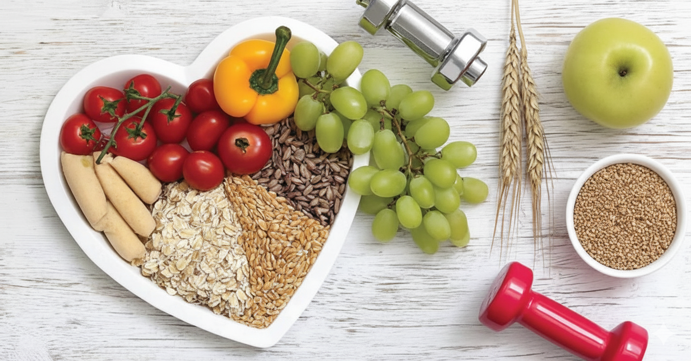 Heart-shaped plate of produce and grains; dumbbell, apple, weight on a white wooden surface.