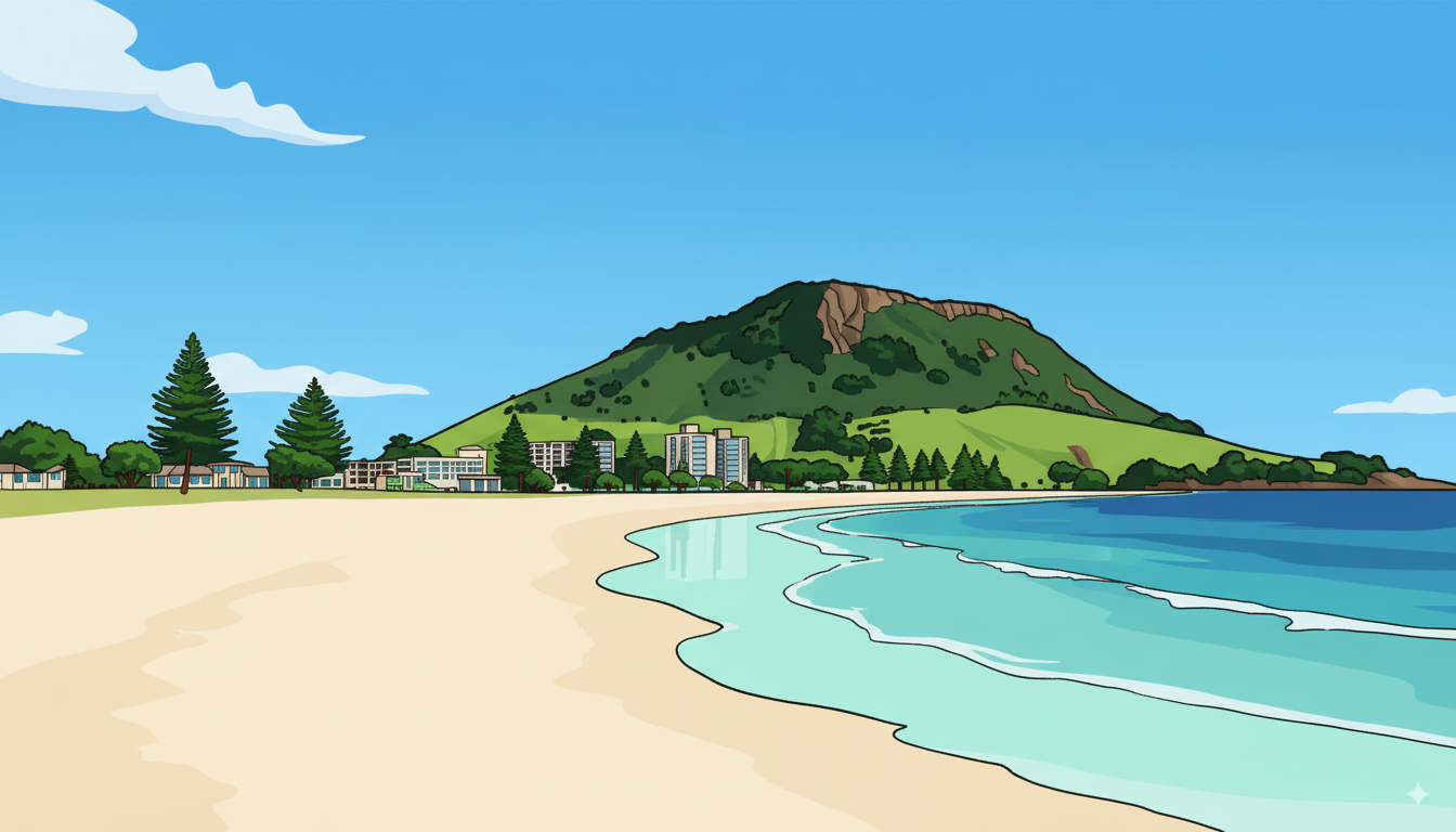 Beach scene with Mount Maunganui in the background, blue sky, green hills, and golden sand.