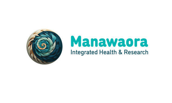 Logo of Manawaora Integrated Health & Research. A swirl design with teal and brown tones, with the name in teal text.