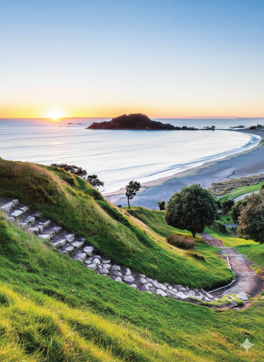 Green hillside with stone steps overlooking a beach and sea at sunrise.