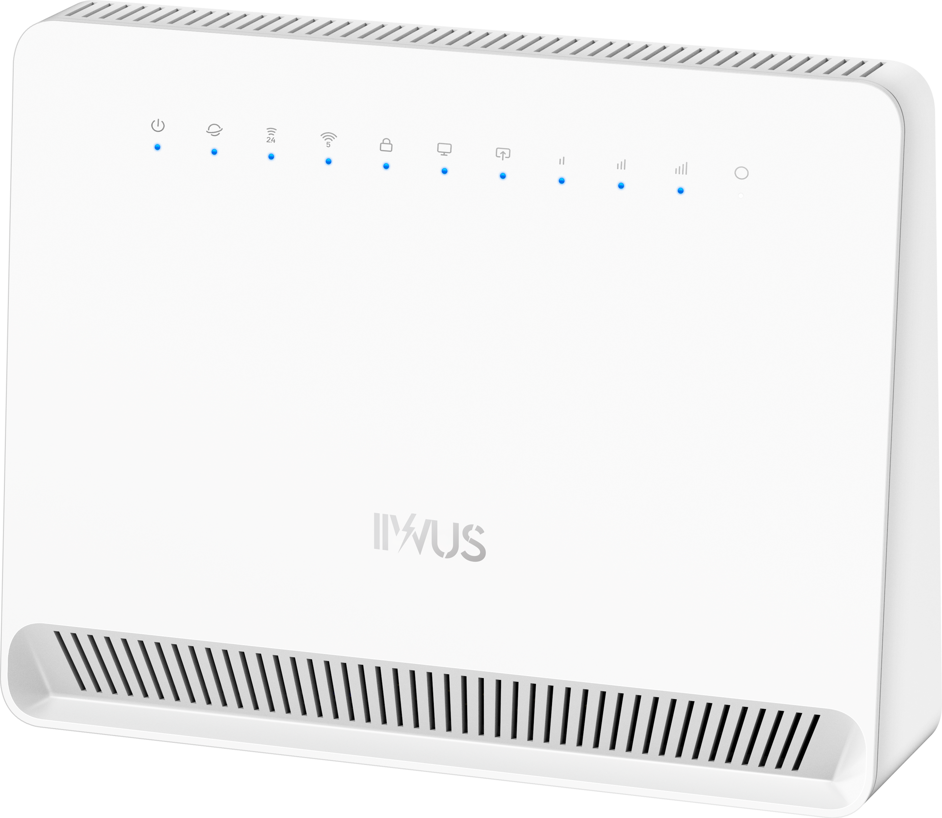 White modem with blue indicator lights and the logo 