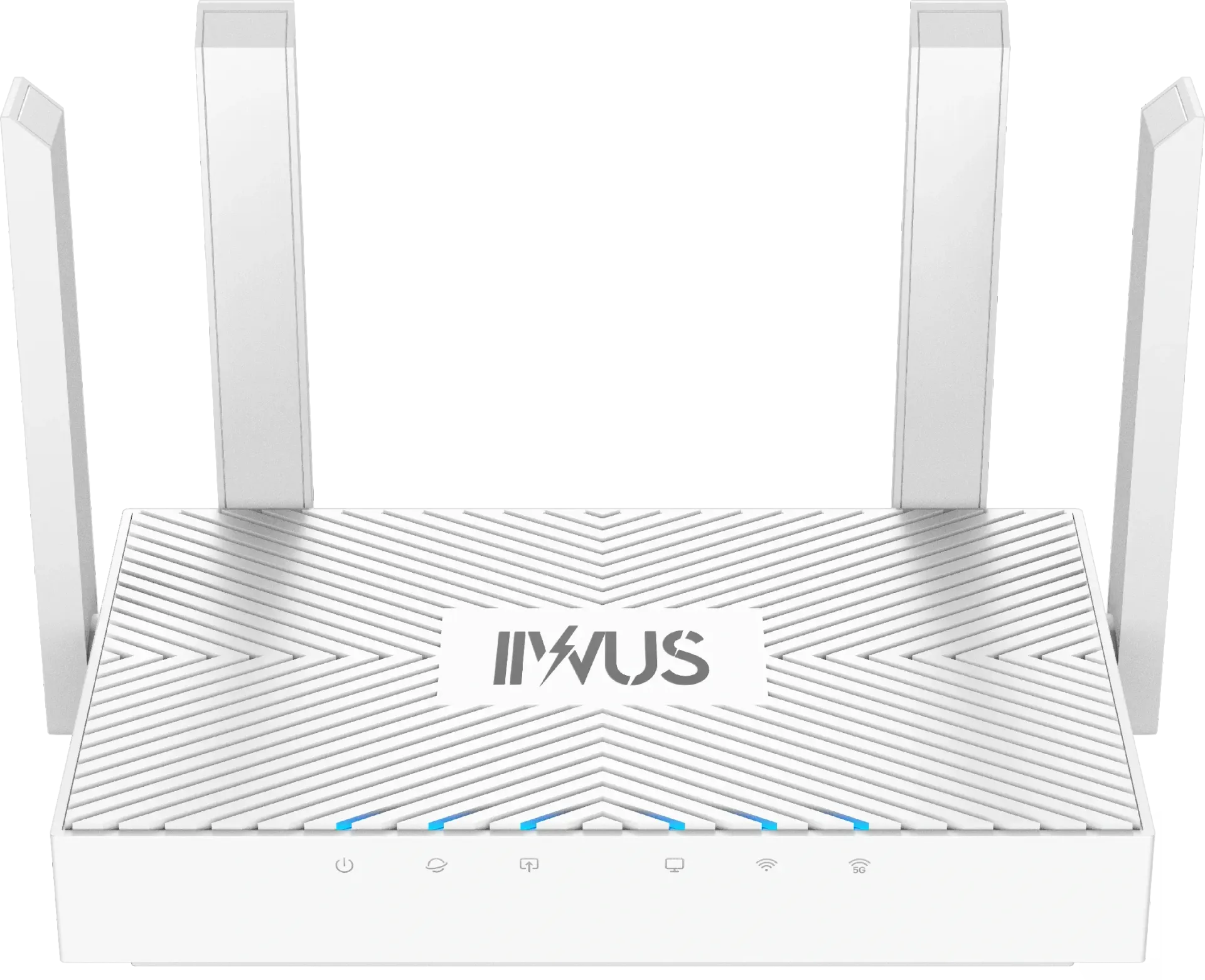 White IPWUS Wi-Fi router with six external antennas. The front has LED lights and buttons.
