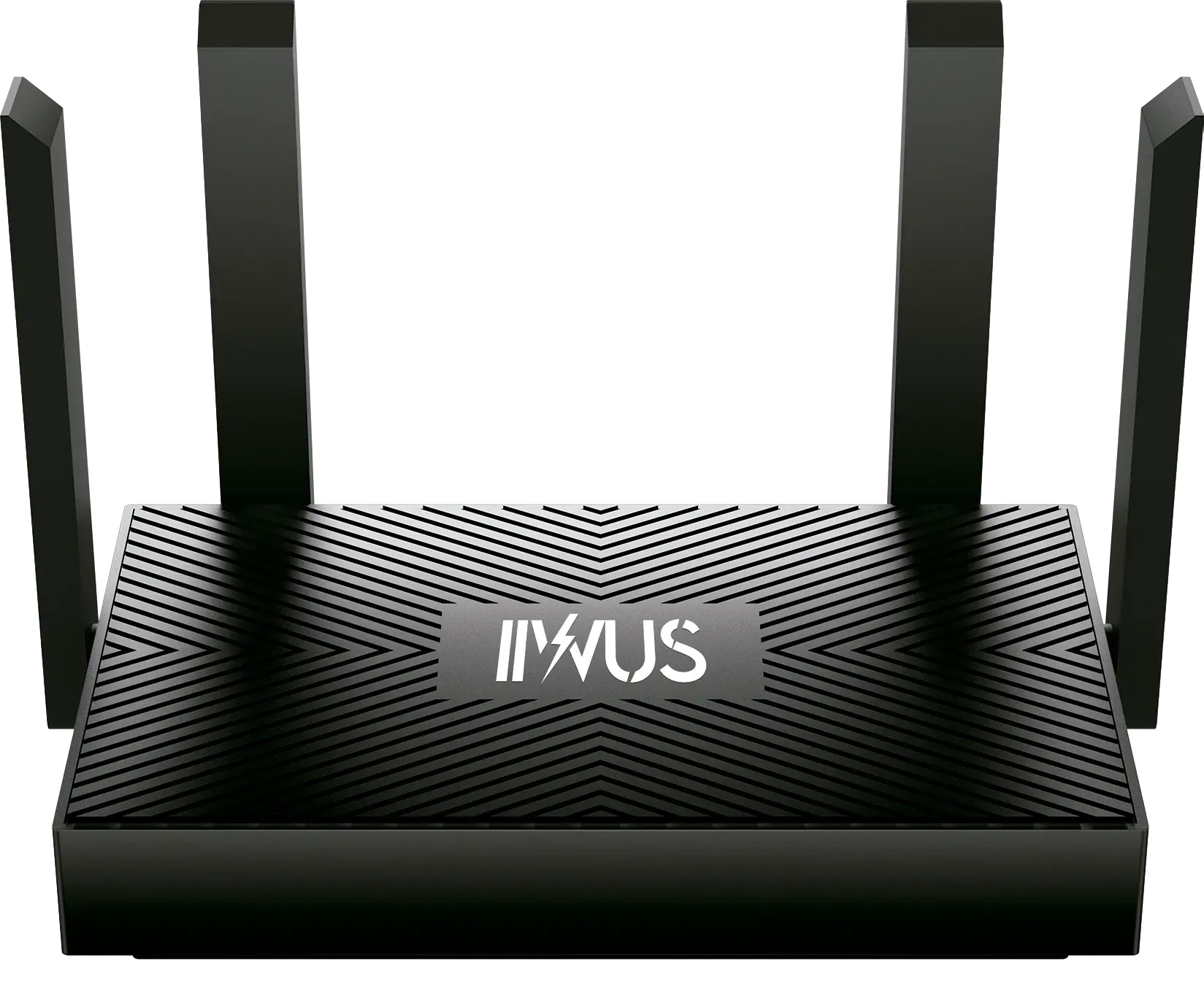 Black Wi-Fi router with four antennas, and the name 