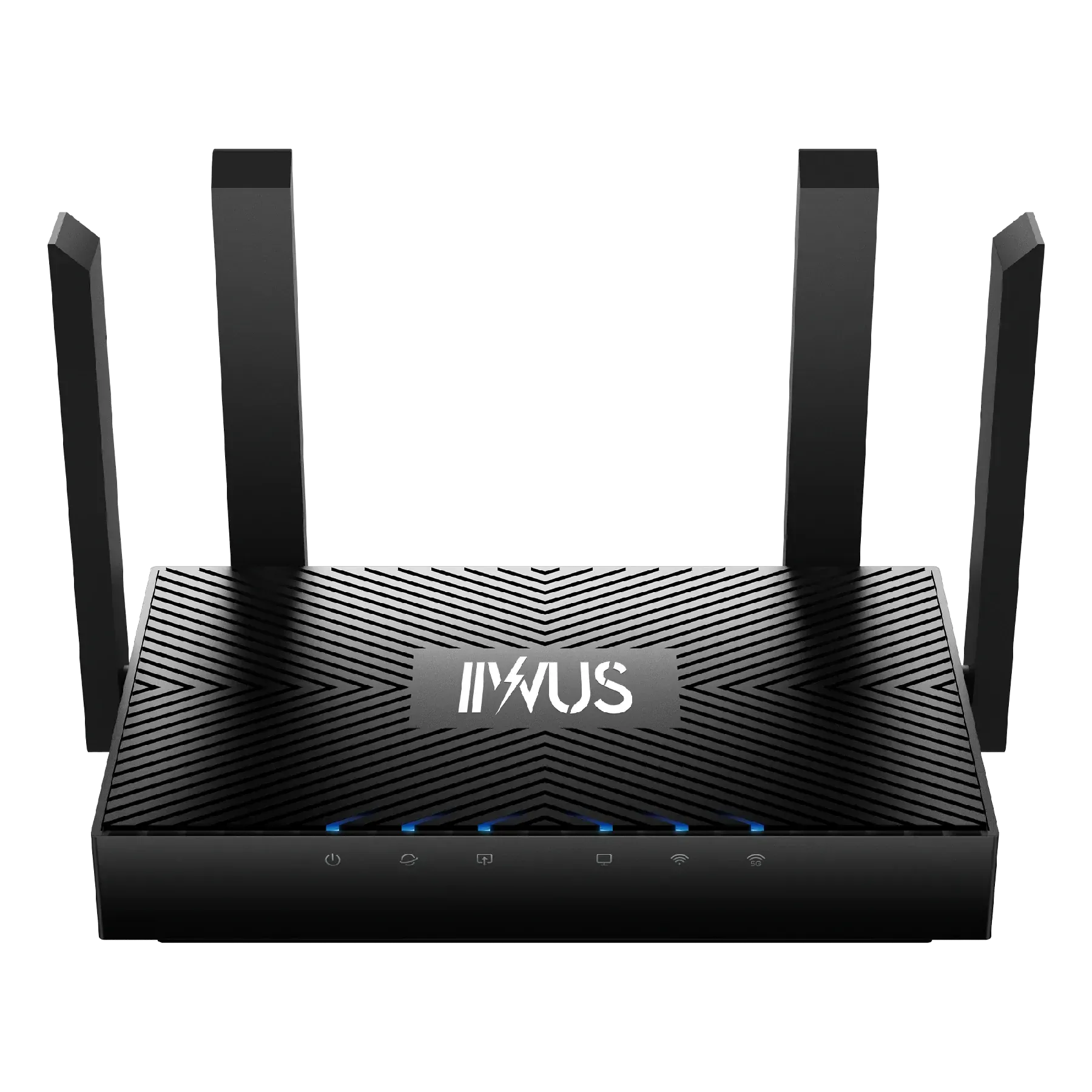 Black Wi-Fi router with four antennas, blue indicator lights, and the brand 