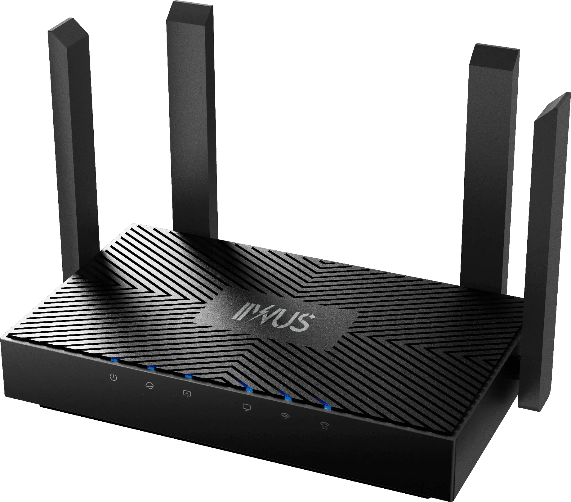 Black wireless router with six antennas; the front has blue indicator lights.