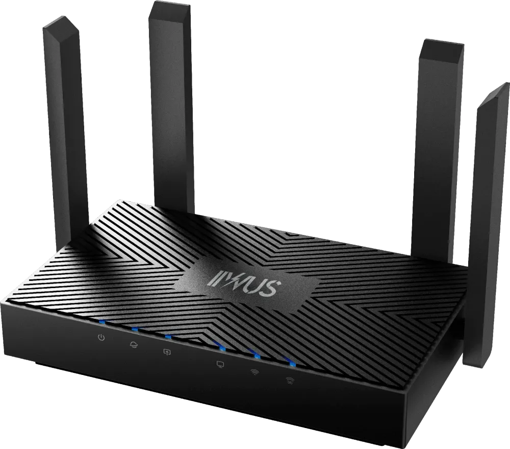Black wireless router with six antennas; the front has blue indicator lights.