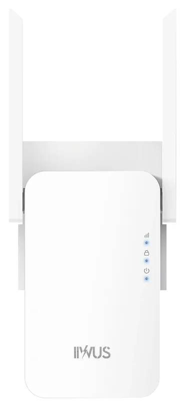 White Wi-Fi extender with two antennas, small blue lights, and the 