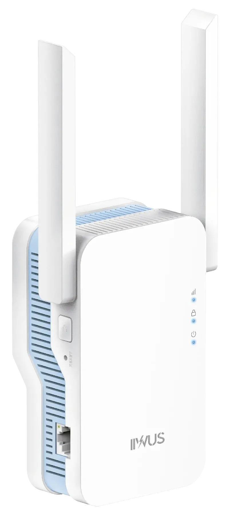 White Wi-Fi range extender with two antennas and blue vent design.