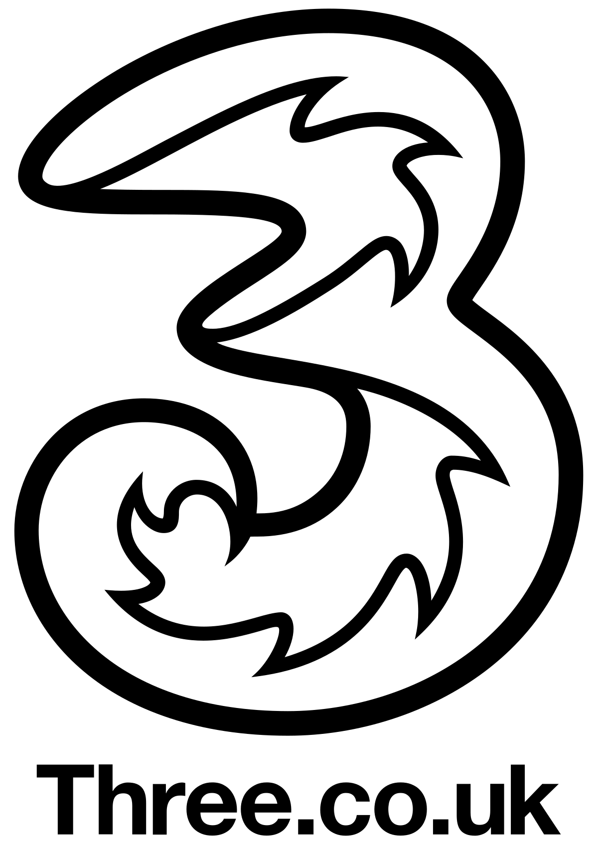 The three.co.uk logo is black and white and looks like a dragon.