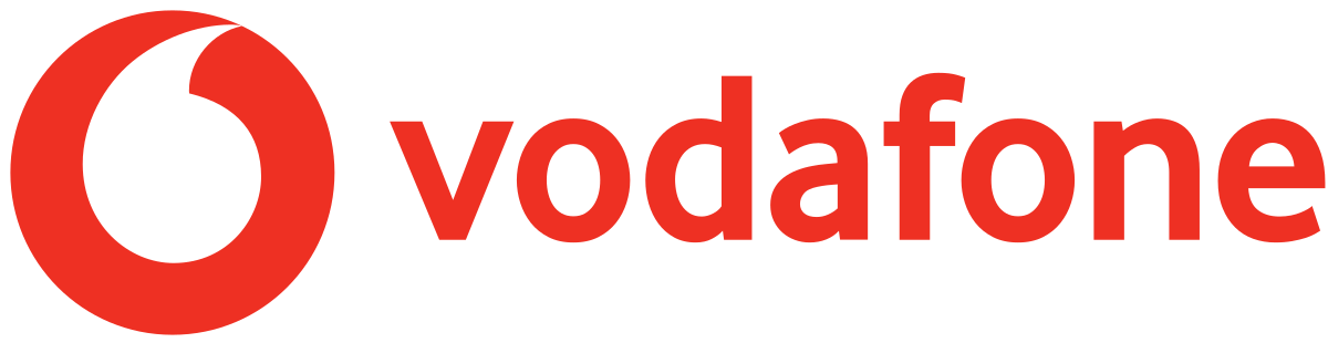A red and white vodafone logo on a white background