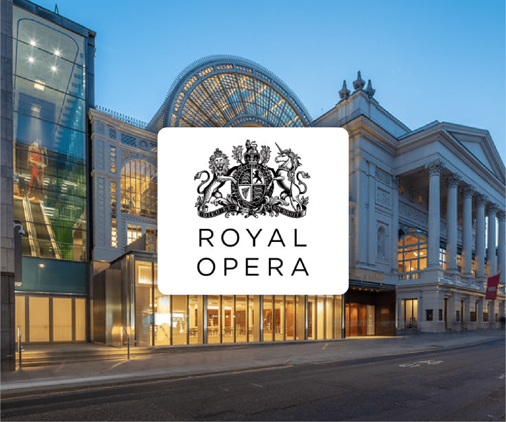 A large building with a logo for the royal opera